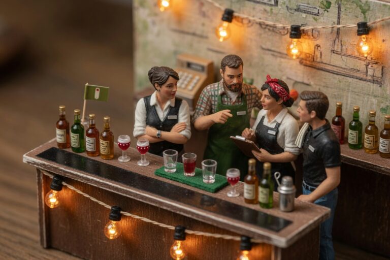 Miniature bar staff gathered for a team briefing