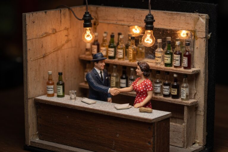 Miniature colleagues shaking hands across a bar