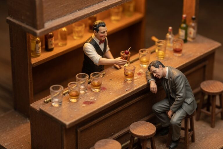 Miniature bartender serving a guest with empty glasses