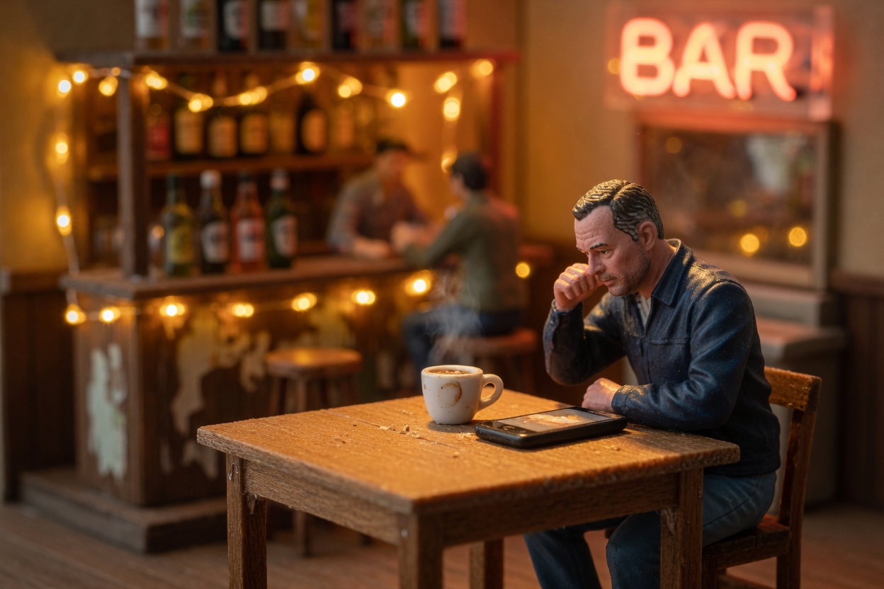 Miniature bartender wiping down a bar