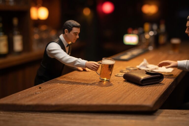Miniature server sliding a drink past an ignored wallet