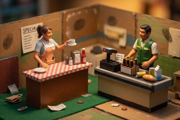 Miniature restaurant counter beside a grocery checkout