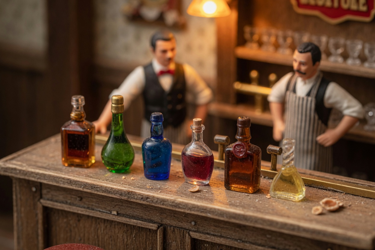 Row of miniature liquor bottles on a bar