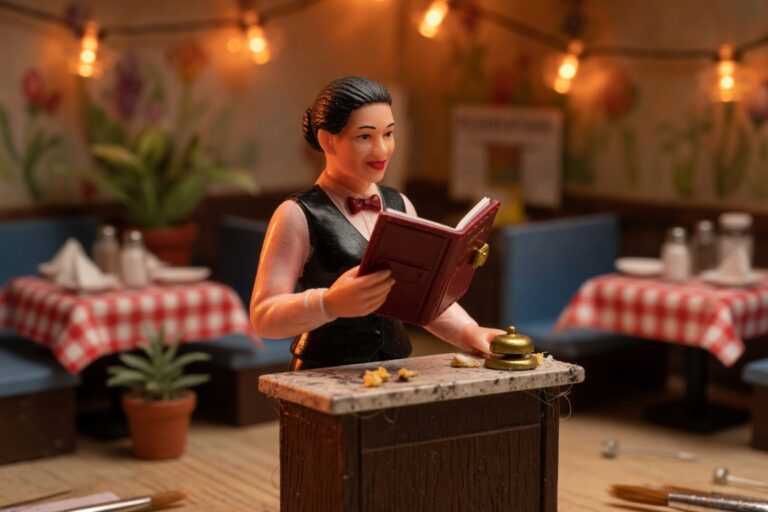 Miniature server reading a training booklet