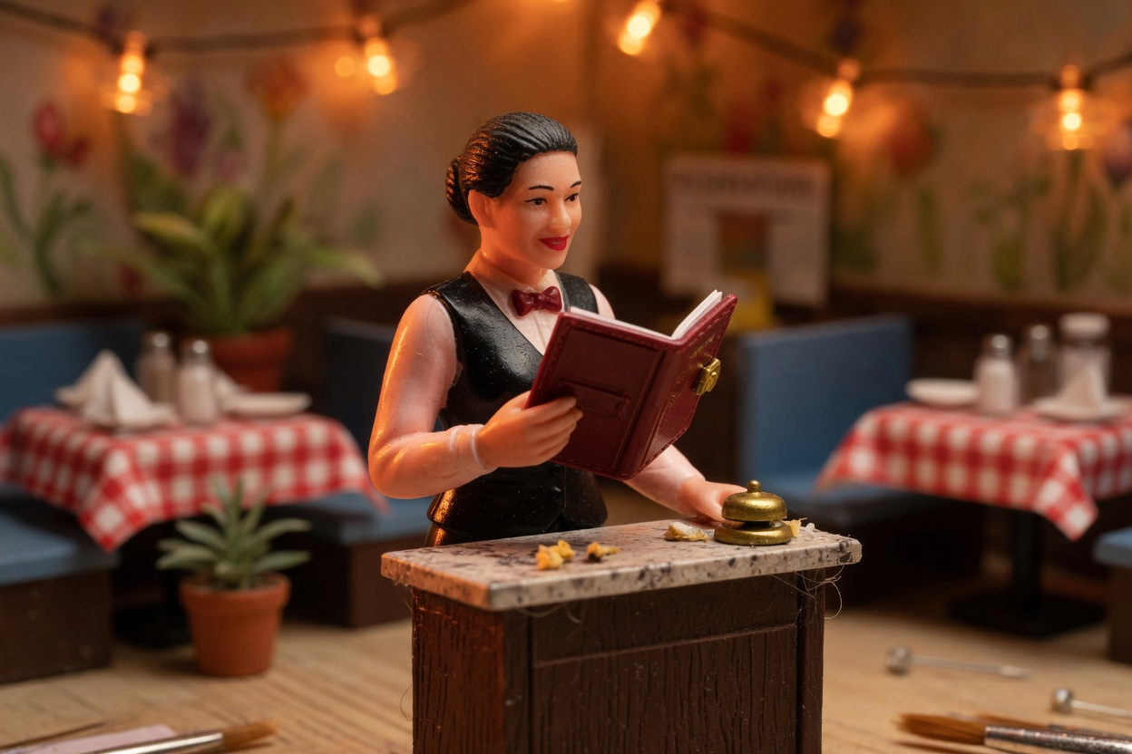 Miniature server reading a training booklet