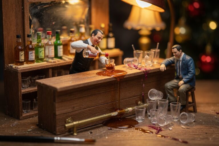 Miniature bartender overpouring a drink