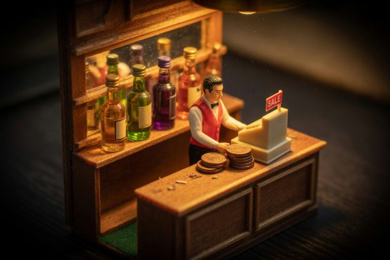Miniature bartender at a cash register