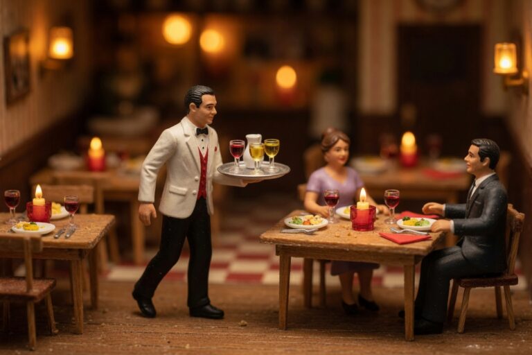 Miniature restaurant waiter serving drinks