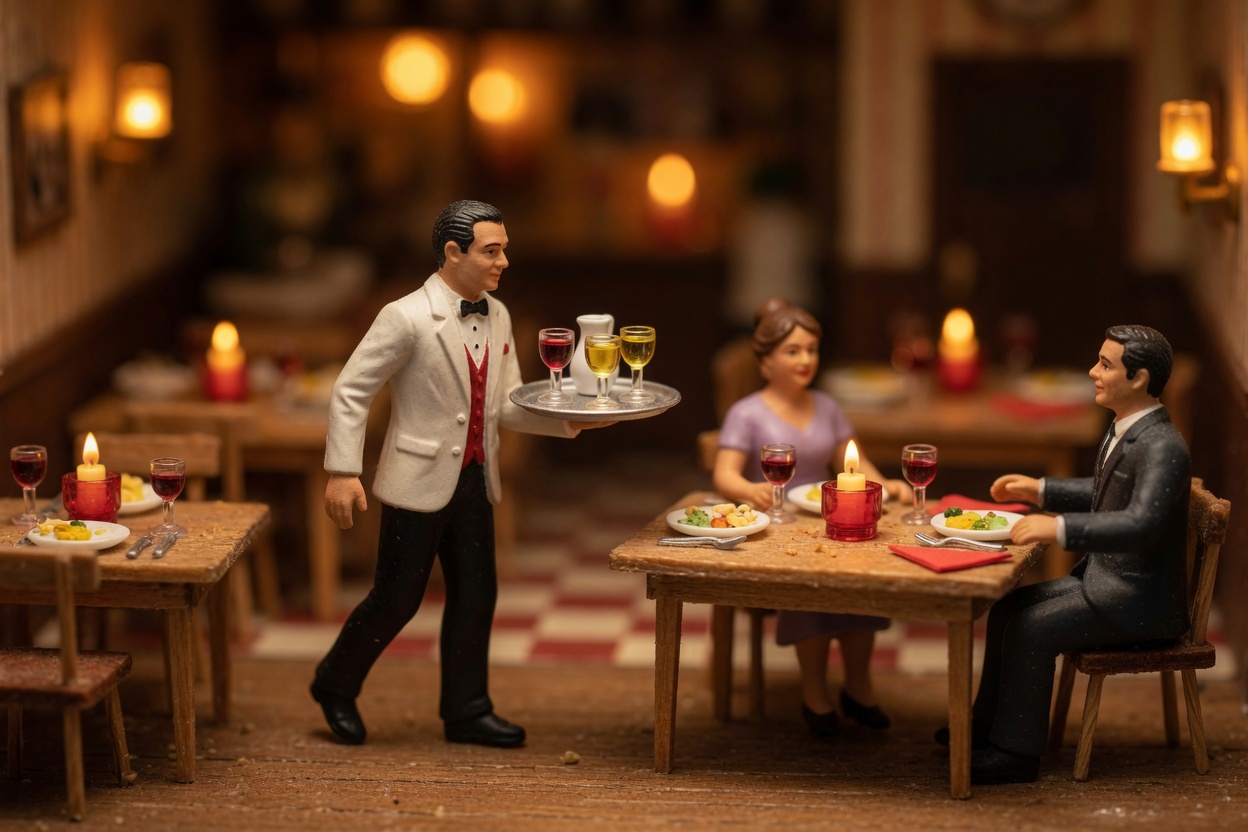 Miniature restaurant waiter serving drinks
