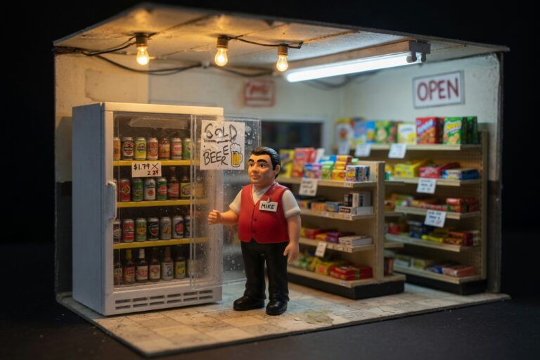 Miniature clerk beside a convenience-store beer cooler