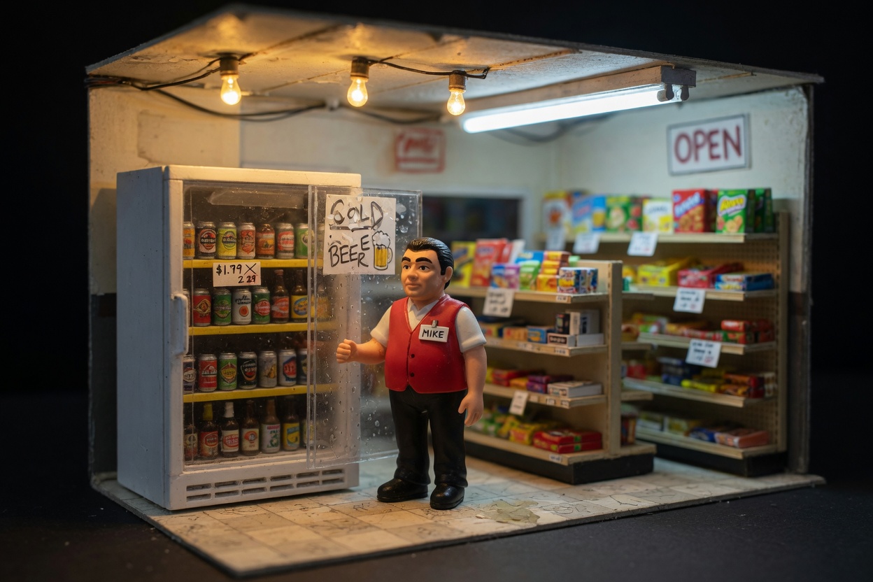 Miniature clerk beside a convenience-store beer cooler