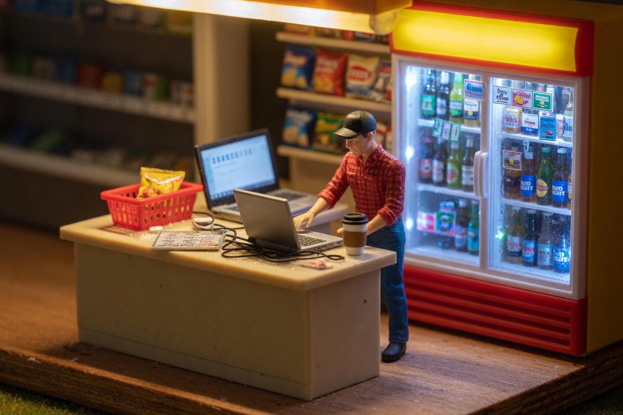 Miniature figure at a laptop on a convenience-store counter