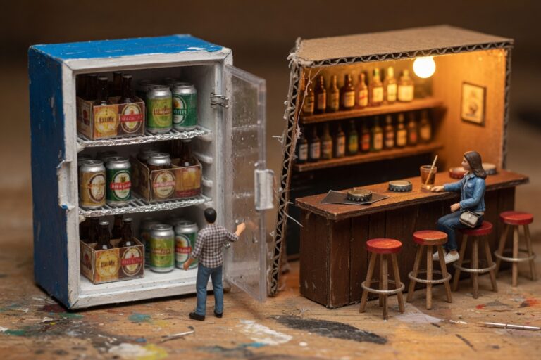 Miniature grocery cooler beside a small bar