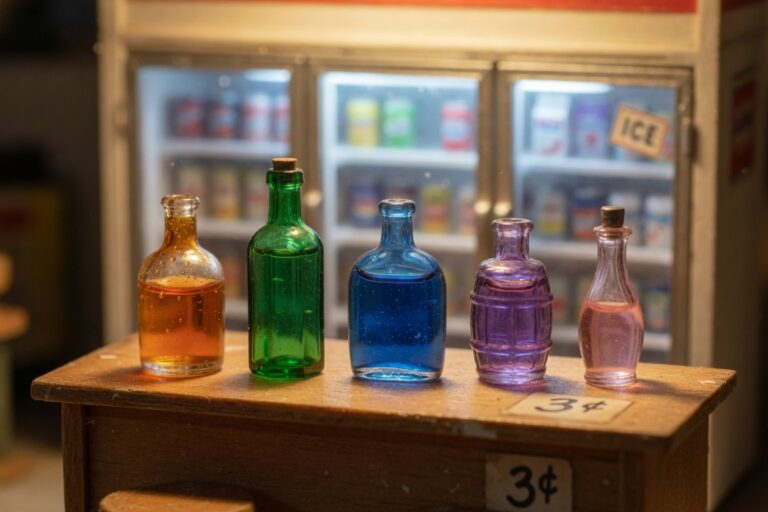 Five miniature bottles lined up on a counter