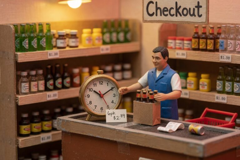 Miniature grocery clerk with a six-pack and a clock