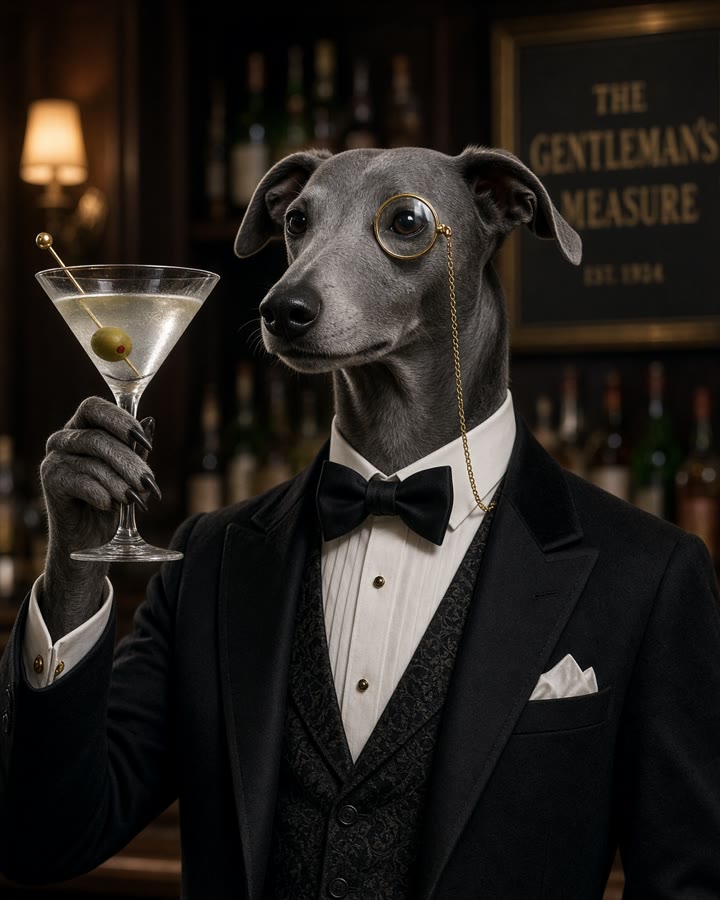 Sir Dashwood, a grey greyhound in a tuxedo and gold monocle, raising a martini at a dark wood bar under a sign that reads The Gentleman's Measure