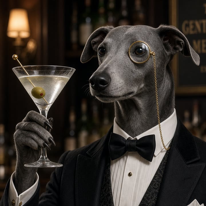 Sir Dashwood raising a martini in a toast