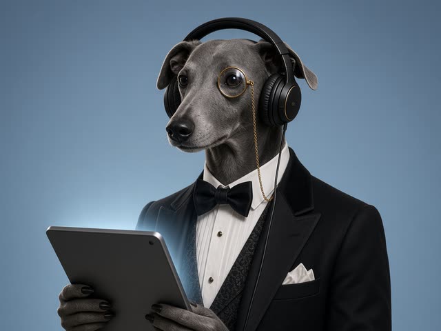 Sir Dashwood in headphones, watching a lesson video on a tablet