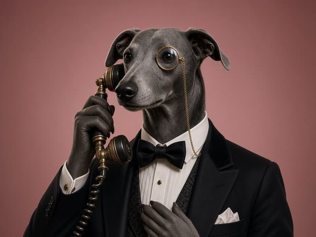 Sir Dashwood on a vintage telephone with a paw on his heart