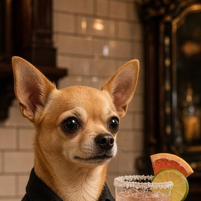 Dashita, a tan chihuahua in a black shirt and gold chain
