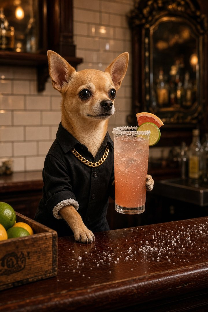 Dashita, a tan chihuahua in a black shirt and gold chain, holding a salted pink cocktail at a dark wood bar