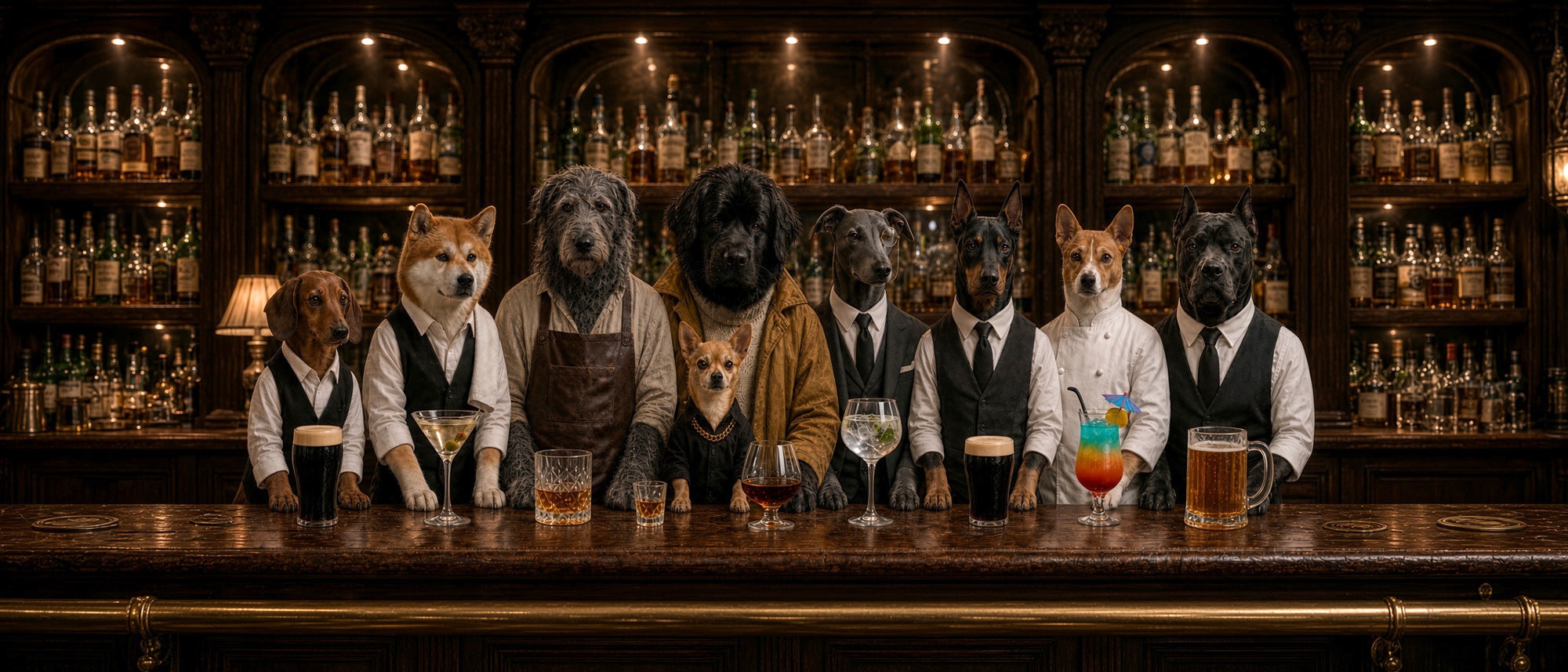 The Dash Authority mascots lined up behind a dark wood bar, each with a drink.