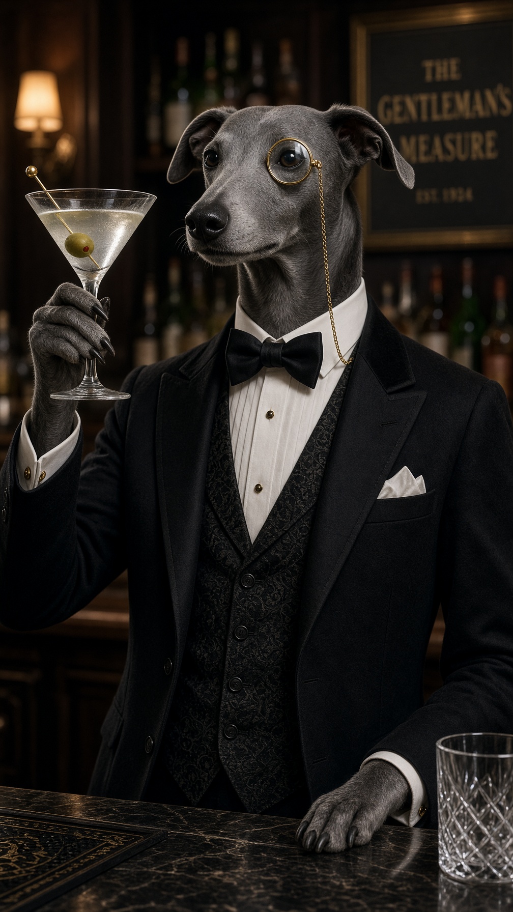 Sir Dashwood, a grey greyhound in a tuxedo and gold monocle, raising a martini.