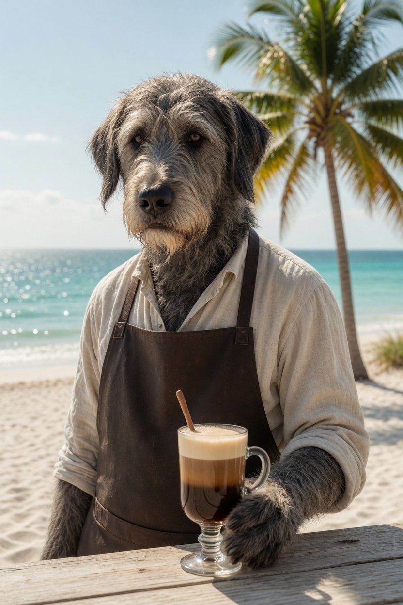 Brother Dashan, a shaggy grey wolfhound in a linen shirt and leather apron, holding a coffee cocktail at a sunny Florida beach bar