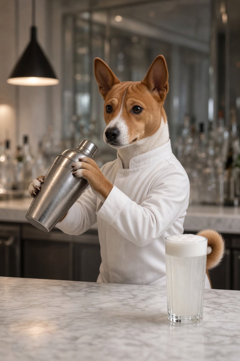 Dashiri, a tan-and-white basenji in a white chef coat, holding a cocktail shaker at a bright bar