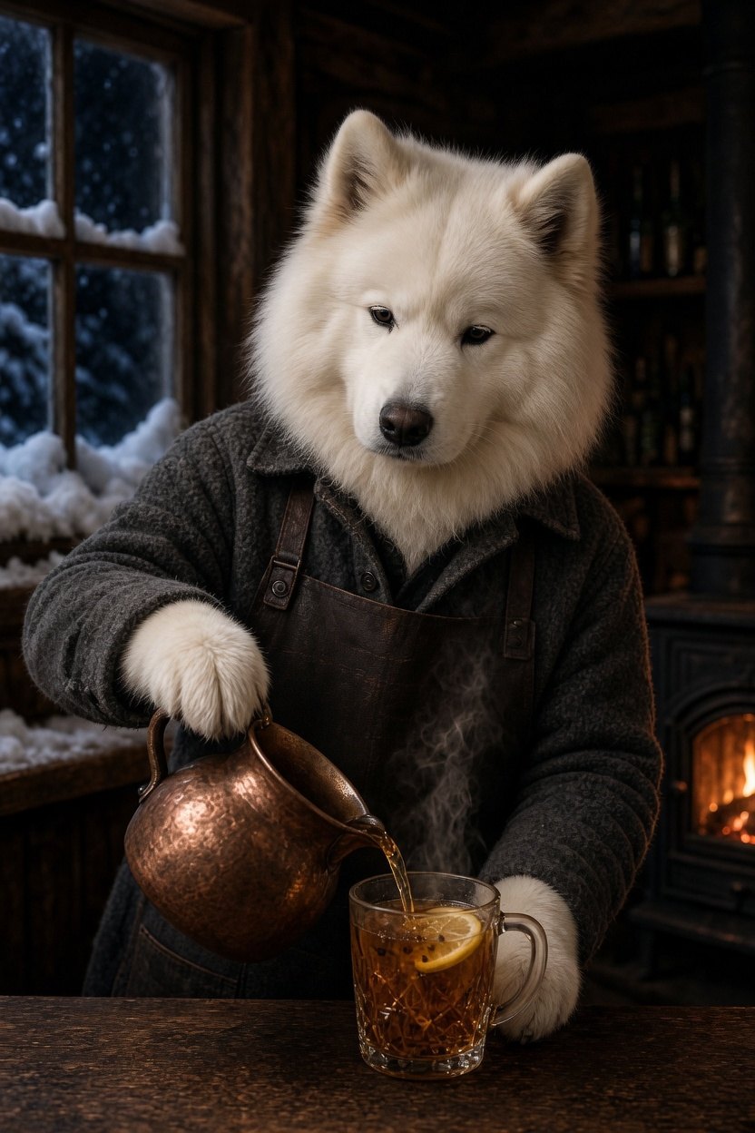 Dashka, a white Samoyed in a charcoal sweater and leather apron, pouring tea in a dark wood tavern