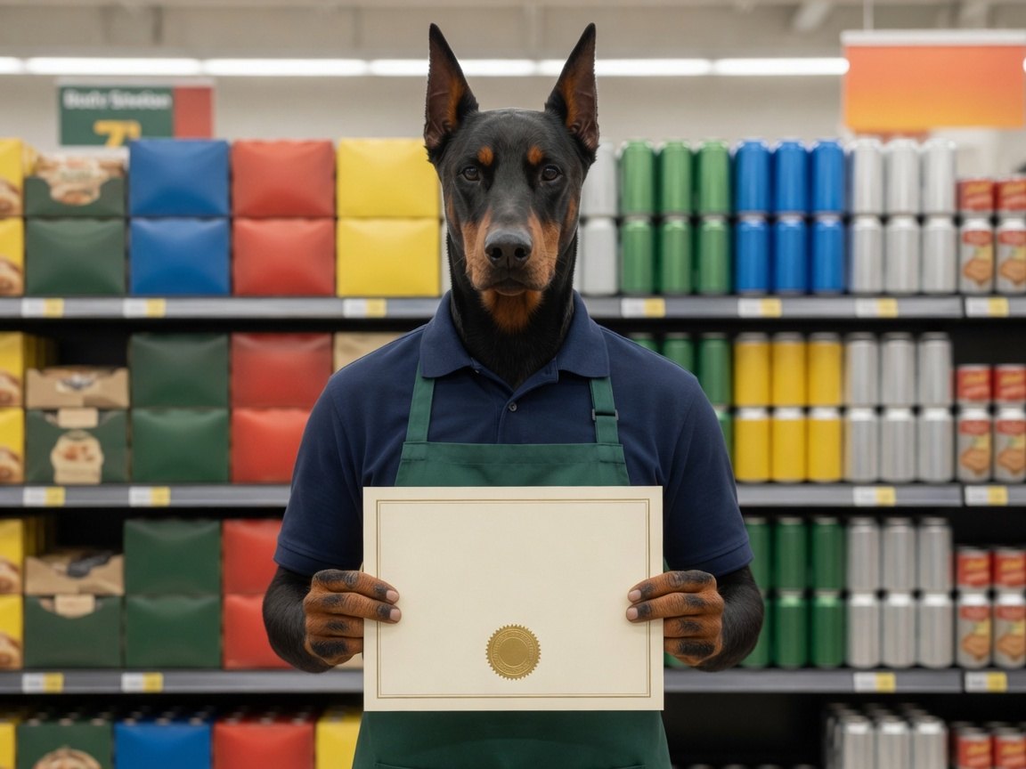 Dashmann holding a certificate in a grocery aisle