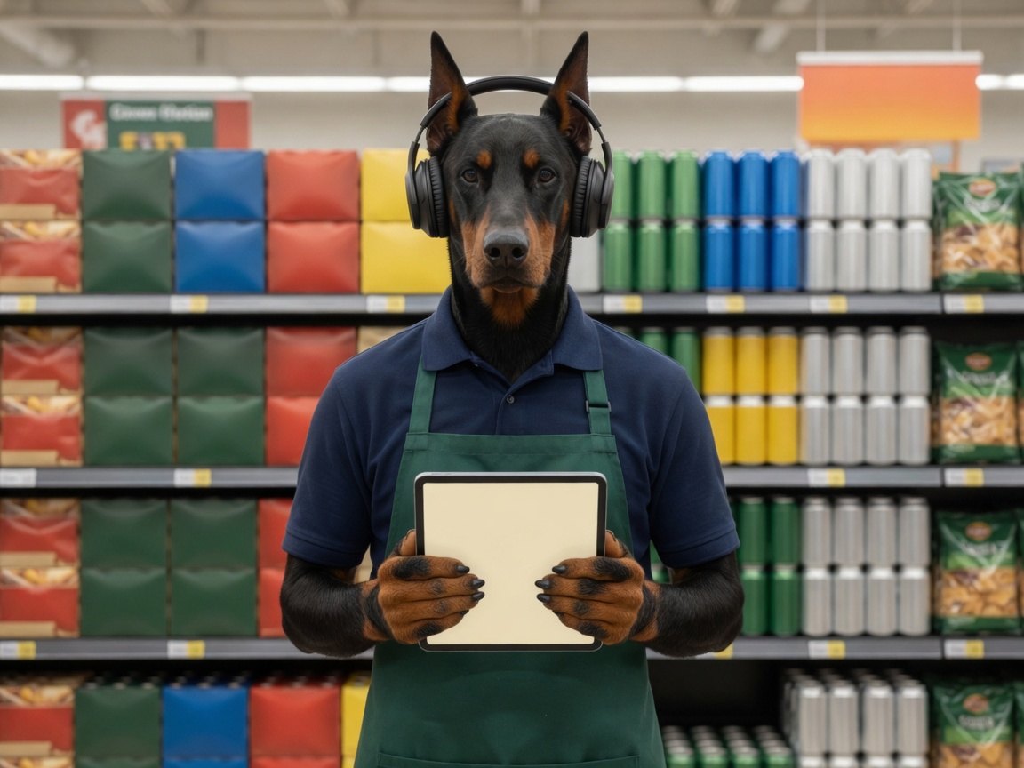 Dashmann headphones and a tablet in a grocery aisle